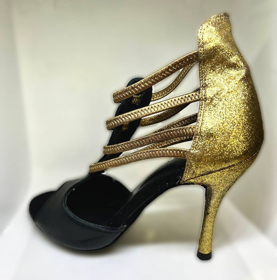 Stivaletto pelle nera tallone oro glitter
