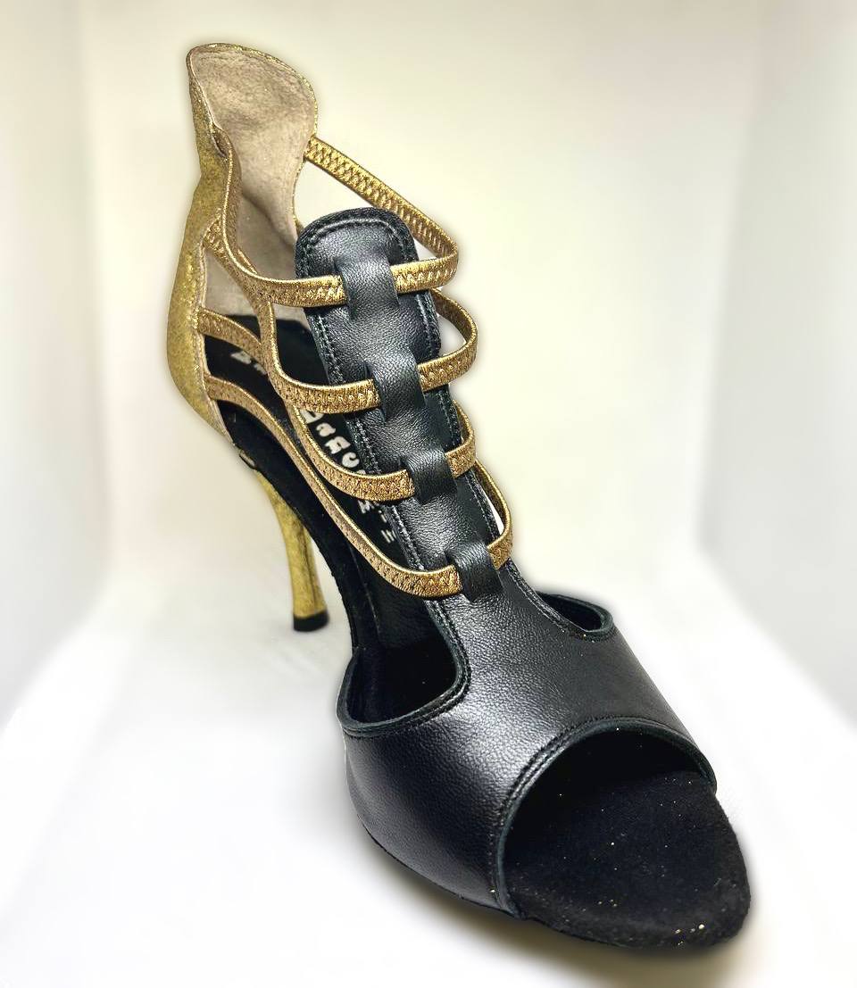 Stivaletto pelle nera tallone oro glitter